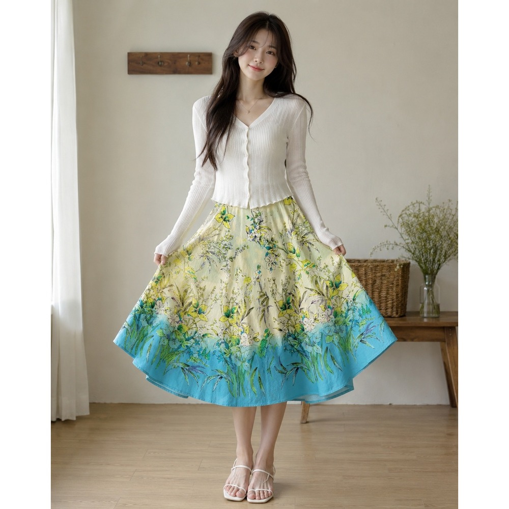Forbidden Floral Midi Skirt Womens Large Blue Yellow Sequin Cotton 715